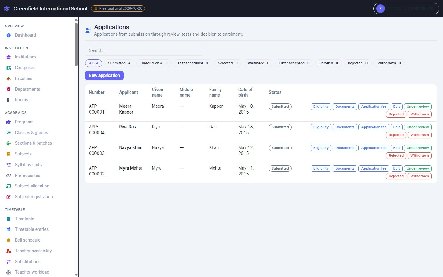 InventiPro EMS applications list with status filters and review actions