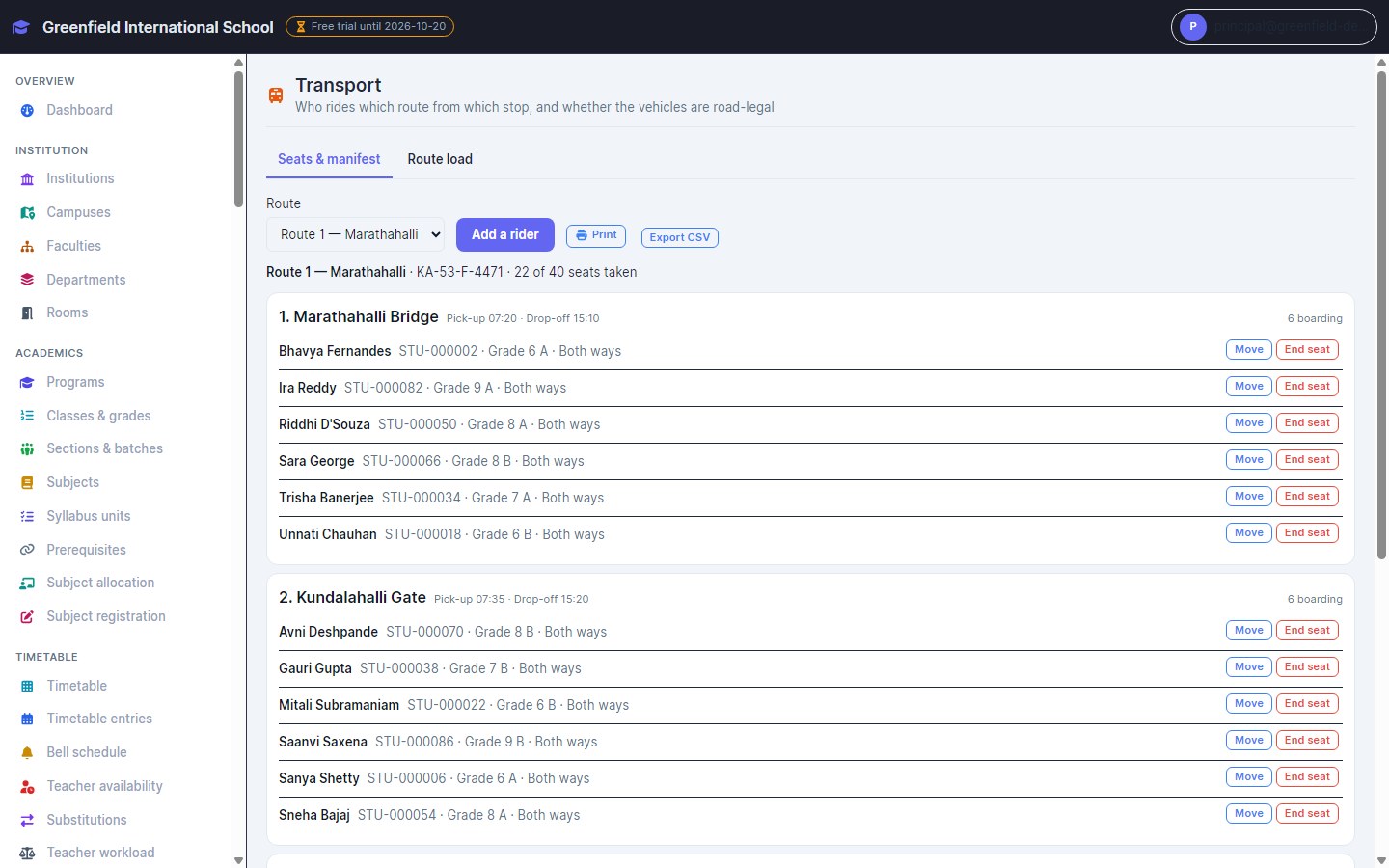 InventiPro EMS transport manifest listing students by stop on a bus route