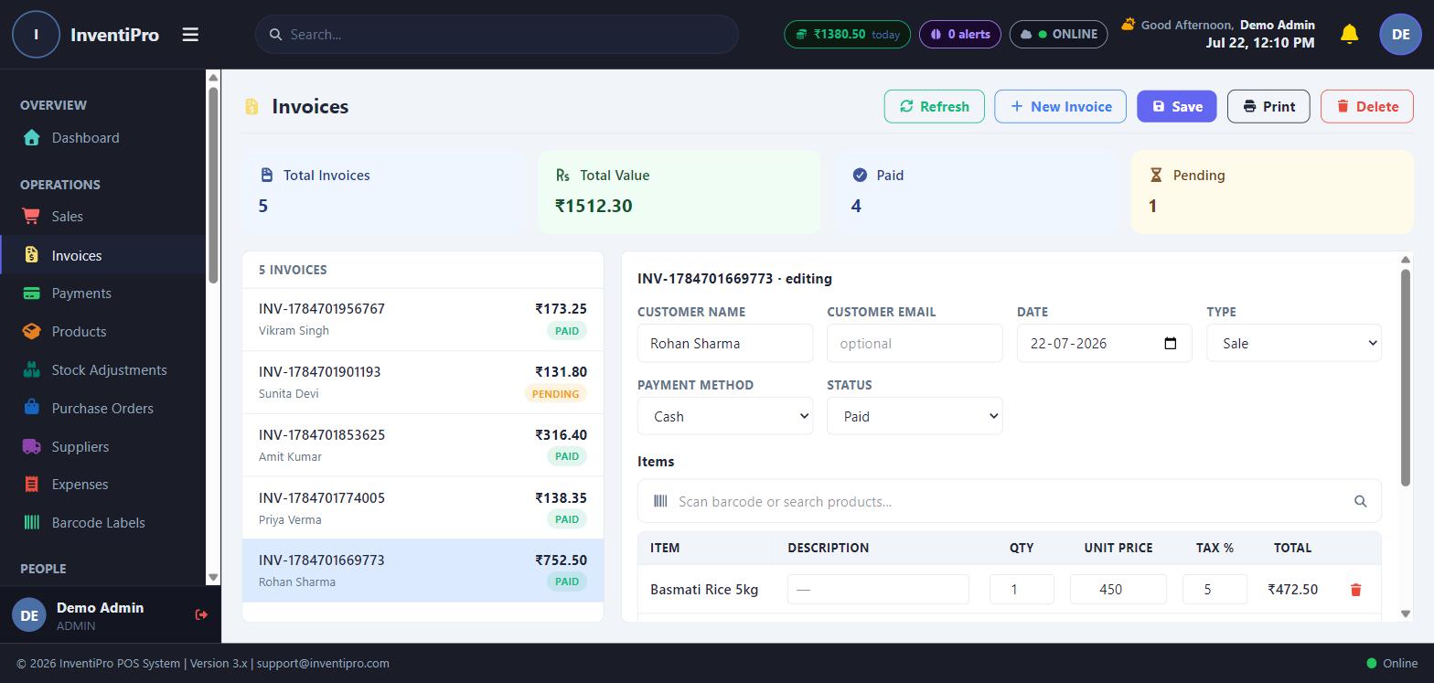 Invoice list with line-item detail