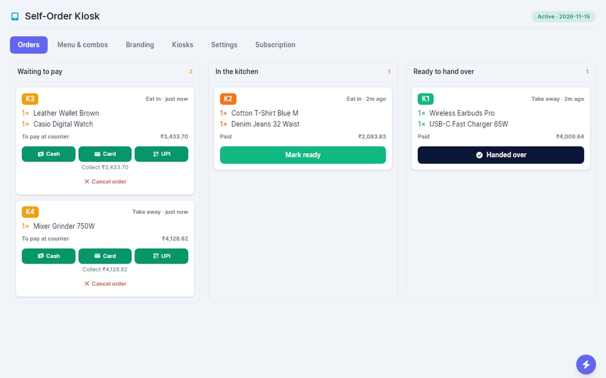 InventiPro Self-Order Kiosk orders screen with waiting to pay, in the kitchen and ready to hand over columns