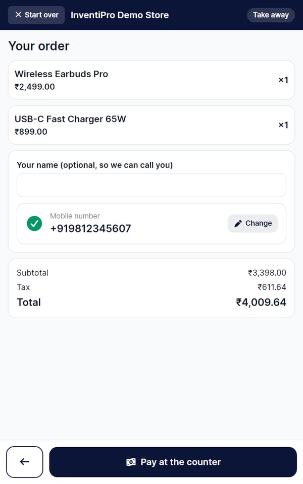 Self-Order Kiosk checkout with a verified mobile number and a Pay at the counter button