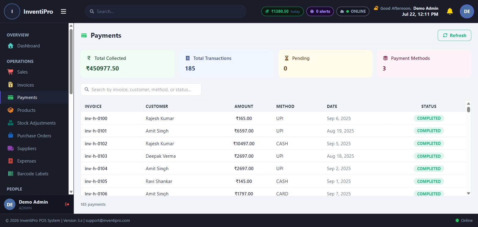 Payment history across cash, UPI, and card transactions