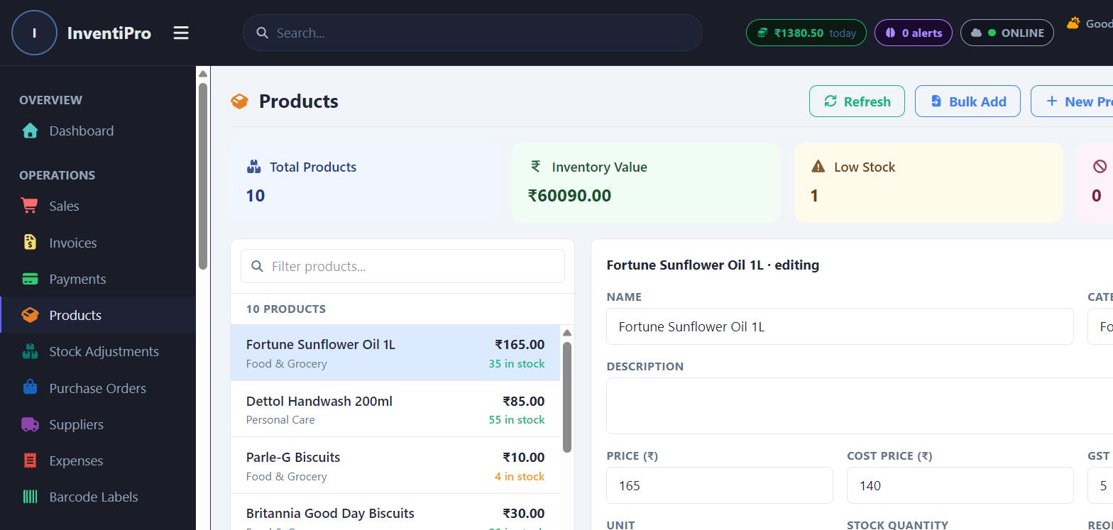 Product catalog with inventory levels and pricing
