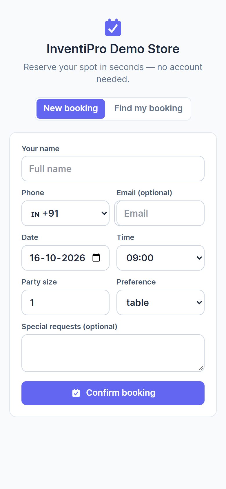 Public booking page where a guest enters a name, phone, date, time and party size