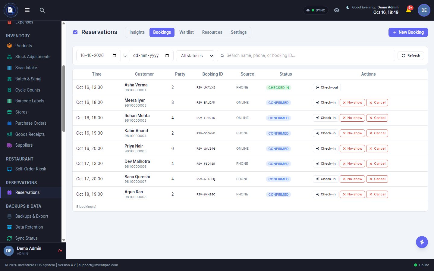 InventiPro Reservations bookings list with checked-in and confirmed bookings and check-in, no-show and cancel buttons