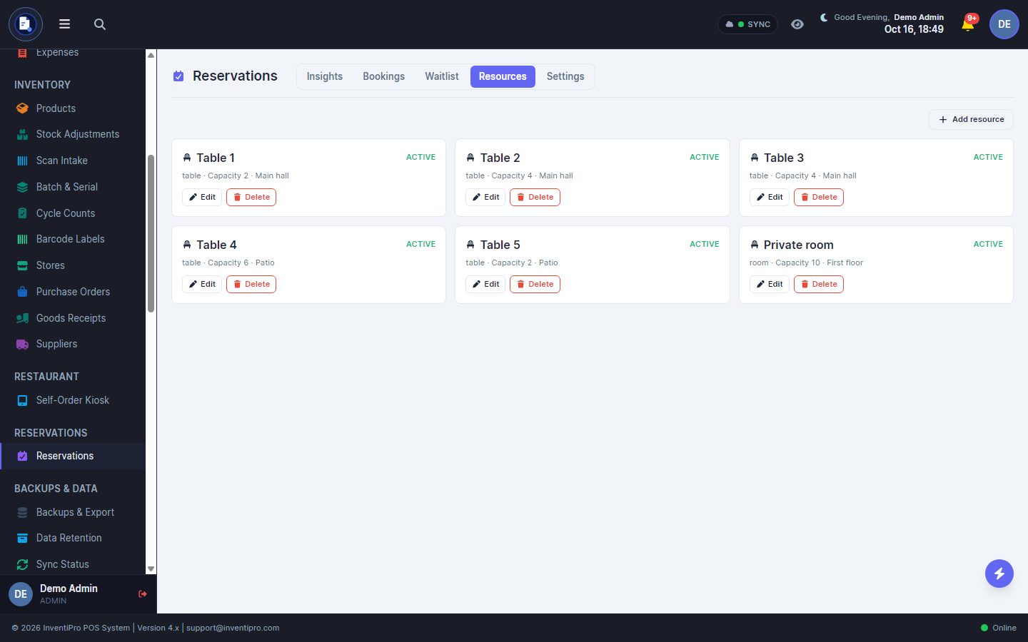 InventiPro Reservations resources showing tables and a private room with capacity and zone