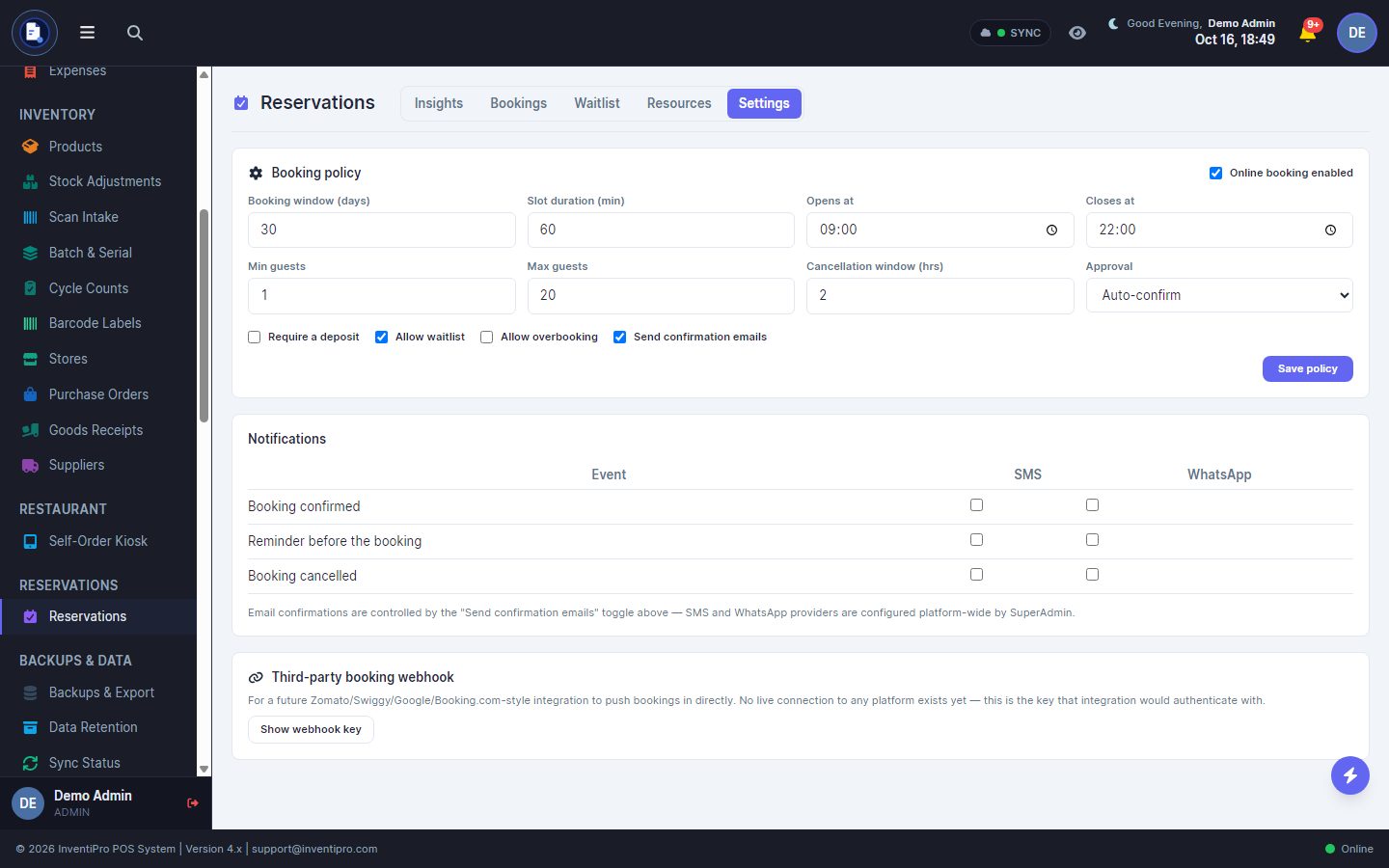 InventiPro Reservations booking policy with opening hours, slot length, deposit and waitlist options and notification choices